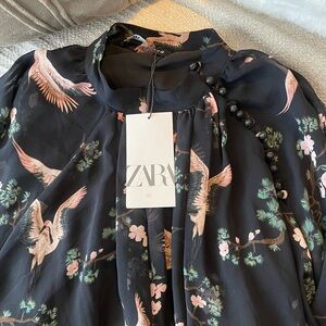 New Zara Cropped Black Blouse with Floral and Bird Design